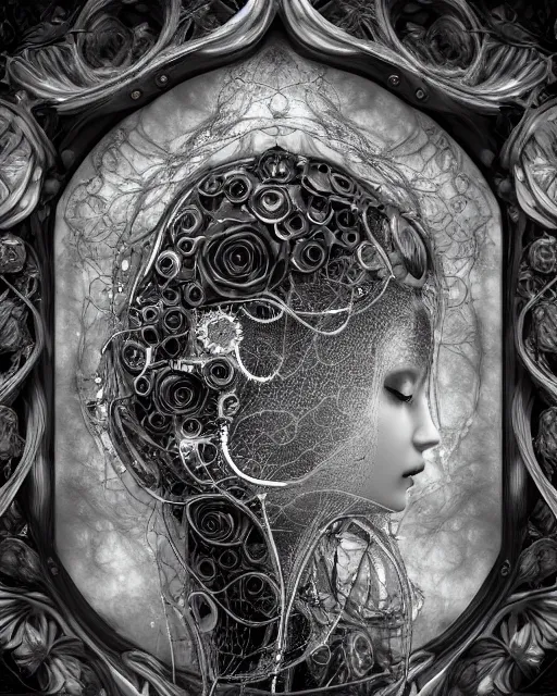 Image similar to mythical dreamy black and white organic bio-mechanical spinal ribbed profile face portrait detail of translucent steampunk beautiful female angelic-human-queen-vegetal-cyborg, highly detailed, intricate crystal ivy jelly ornate, poetic, translucent roses ornate, 3D render, digital art, octane render, 8K artistic photography, photo-realistic, by Dora Maar