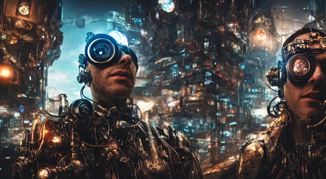 Prompt: Fish eye lens way too close to the cyborg man's face, cyberpunk background with steampunk vehicles. Cinematic, Award winning, ultra high resolution, intricate details, rendered with unreal engine, UHD 8K