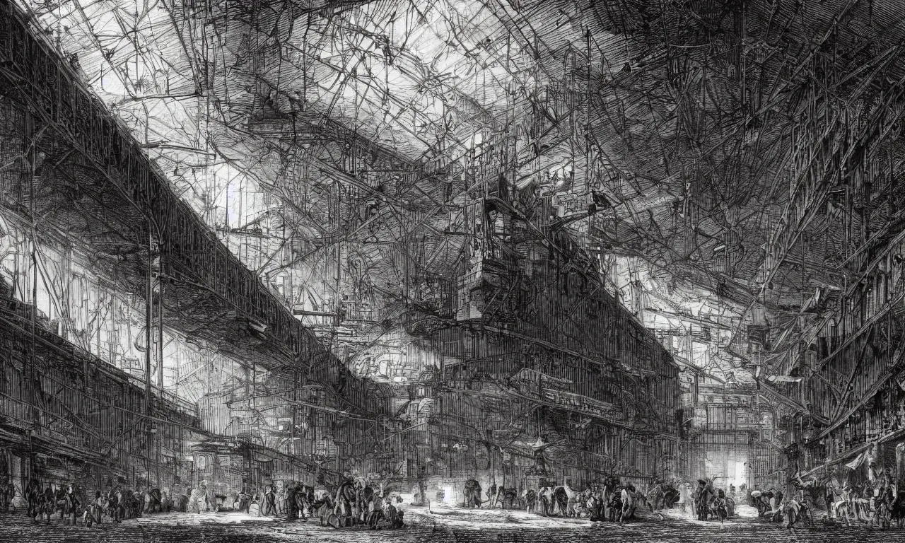 Image similar to dark glowing cargo hall and corridors of huge space ship halls cages with strange animals detailed piranesi lithography