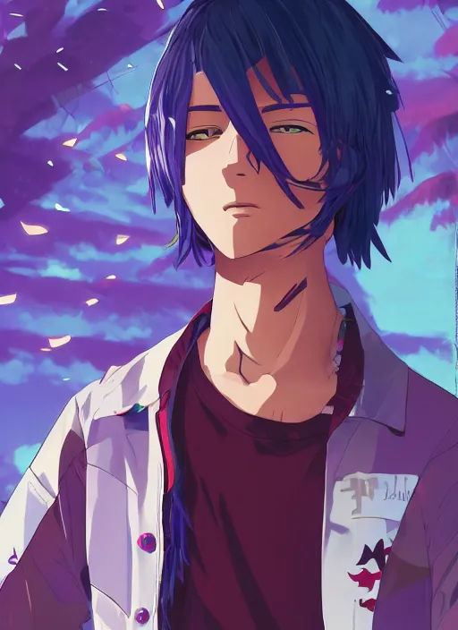 Image similar to teenager boy with straight indigo hair, purple eyes with red eye markers, slim body, wearing a detailed japanese combat clothes, golden details. rich vivid colors, ambient lighting, dynamic lighting, 4 k, official media, anime key visual, makoto shinkai, ilya kuvshinov, lois van baarle, rossdraws, detailed, trending on artstation