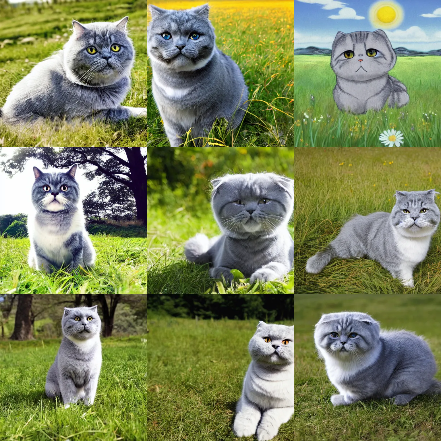 Prompt: a gray scottish fold sitting in the middle of sunny meadow, by hayao miyazaki