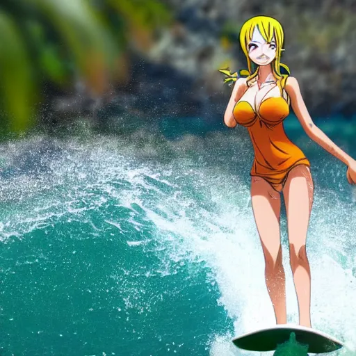 Prompt: Nami from one piece surfing