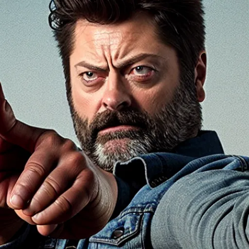 Prompt: nick offerman ( accurate face ) as wolverine, with wolverine claws, photorealistic logan movie still, highly detailed, 8 k