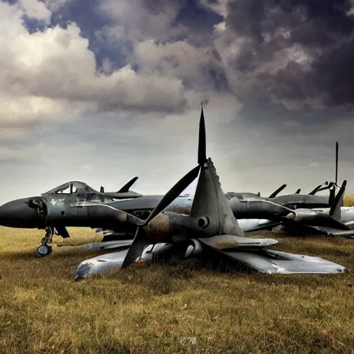 Prompt: broken and abandoned Military Jets on a tarmac, gothic art, color, highly detailed