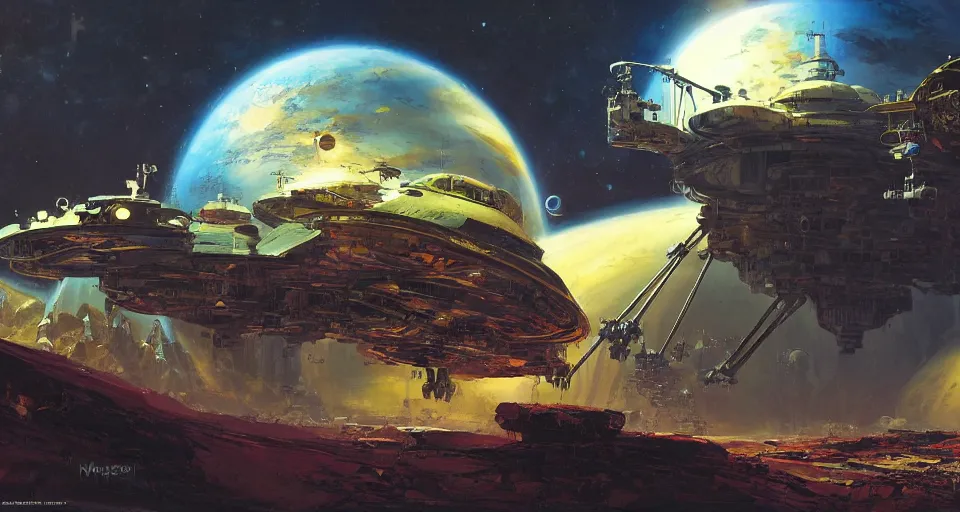 Image similar to spaceship landing on a gas planet by Marc Simonetti and John Berkey, concept art, HD, 8K
