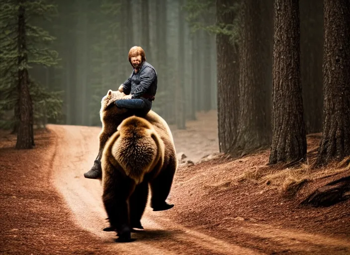 Image similar to photo of chuck norris riding his grizzly bear, in the forest. horror style. highly detailed 8 k. intricate. life - like. soft light. sony a 7 r iv 5 5 mm. award winning photography.