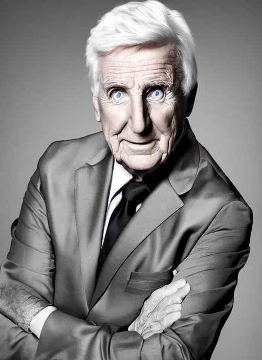 Prompt: A hyper realistic ultra realistic photograph of leslie nielsen by Brandon Hughes, detailed, photorealistic imagery, 8k quality