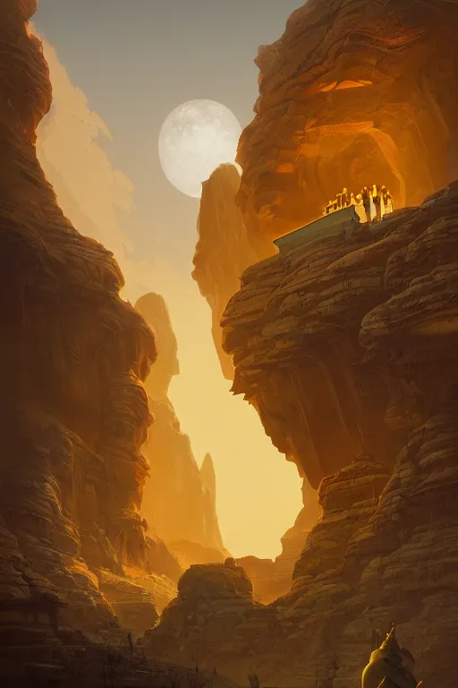 Prompt: ancient temples glowing yellow in canyon, monks, golden statue, light streaks in the sky, floating planets and moons, dramatic lighting, artstation, matte painting, ralph mcquarrie, simon stalenhag