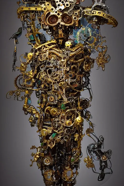 Image similar to full-body baroque and cyberpunk style sculpture of a young handsome Spanish prince half android with a chest opening exposing sparking circuitry, glowing green laser eyes, crown of mechanical gears and flowers, flowing golden-colored silk, fabric, steampunk archways. baroque elements, human skull. full-length view. baroque element. intricate artwork by caravaggio. many many birds birds on background. Trending on artstation, octane render, cinematic lighting from the right, hyper realism, octane render, 8k, depth of field, 3D