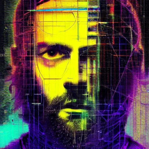 Image similar to hyperrealistic portrait of a cyberpunk man, adult man, long hair, immersed within a network, glitch eyes, by Guy Denning, Johannes Itten, Derek Gores, Russ Mills, glitch art, smooth lines, fine detail, polished, complex, hacking effects, holographic, digital tech effects, blue and violet, color blocking!, realistic, acrylic on canvas, concept art, abstract!, symmetrical, 8k, concept art, octane, photorealistic, cgsociety, trending on artstation