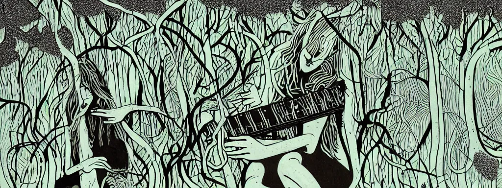 Image similar to a grunge technogaianist long-haired blonde digital musician playing modular synthesizer in the forest, technology and nature swirling in harmony, plugging vines into the synthesizer, trees swaying to the beat, postmodern surrealist concert poster, grainy, hand drawn matte painting by Tara McPherson and Gary Houston, smooth, sharp focus, extremely detailed, 50mm.