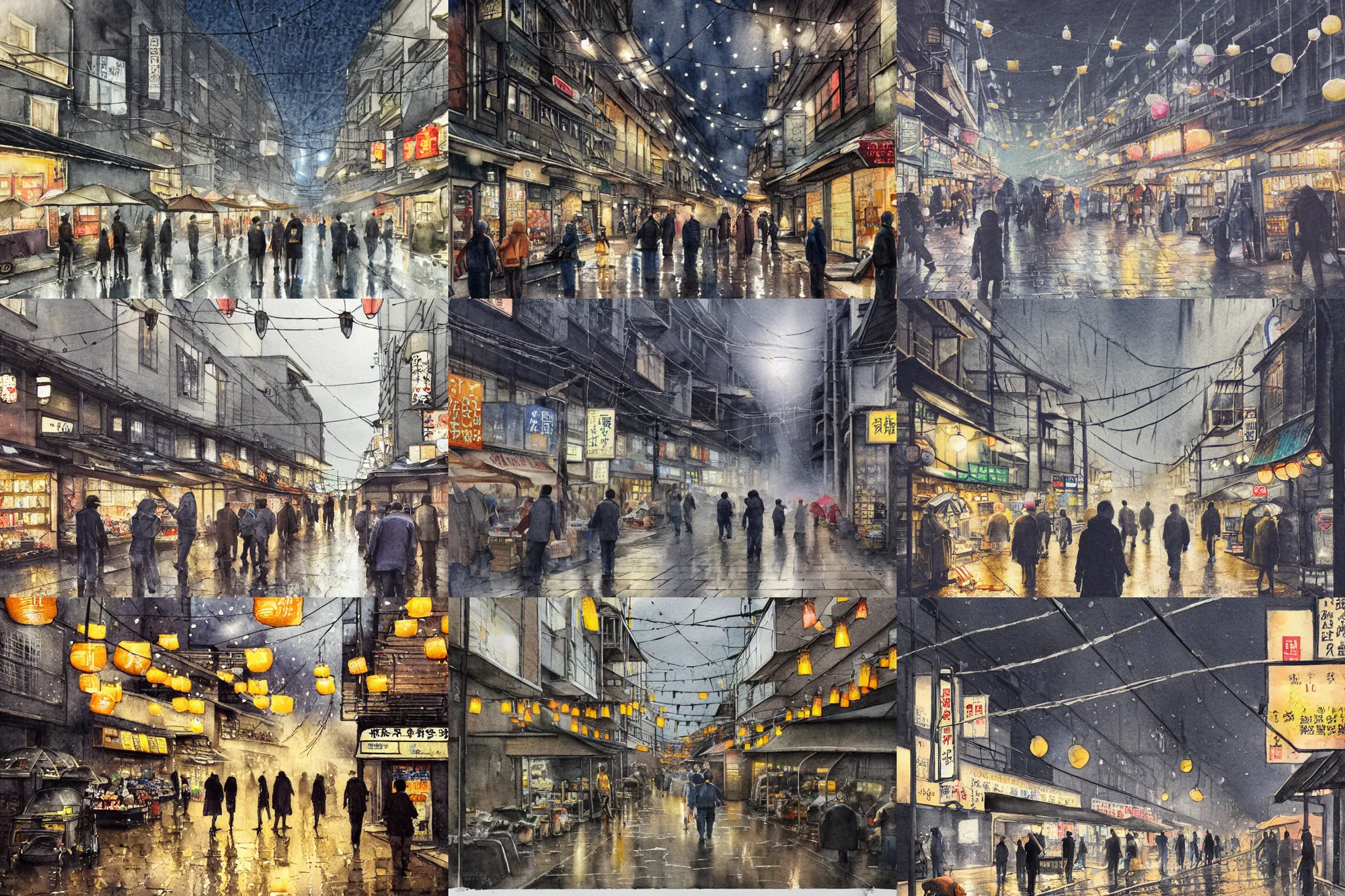 Prompt: street scene, low angle, tatsuyuki tanaka, night time, detailed watercolor, back lit, paper texture, movie scene, old japanese street market, people shopping, wet ground, raining, misty, golden hour, lit lanterns strung between buildings, spot light, texture, grey cobble stones, dust, overhead wires, telephone pole, dusty, pencil marks, hd, 4k, remaster, dynamic camera angle, deep 3 point perspective, fish eye, dynamic scene