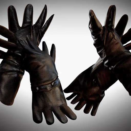 Image similar to metal claws on gloves, old leather gloves with attached talons, pointy fingertips, dark background, highly detailed, 8 k, trending on artstation, mystic, rpg artwork, by peter jackson, by sauron