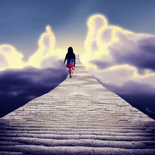 Image similar to a girl walking up an infinity staircase made of cookies in the clouds, digital art