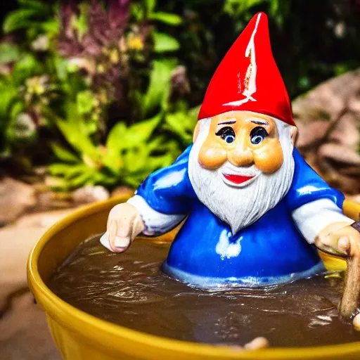 Prompt: garden gnome bathing in gravy, DSLR 15mm