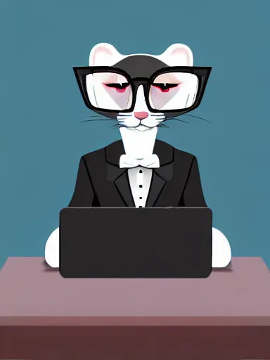 Prompt: beautiful furry art of ferret in a formal suit with laptop, high quality, extremely detailed, black glasses, hacking background