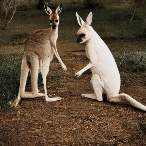 Image similar to a kangaroo and a very cute white rural dog photograph, high quality, award winning, National Geographic