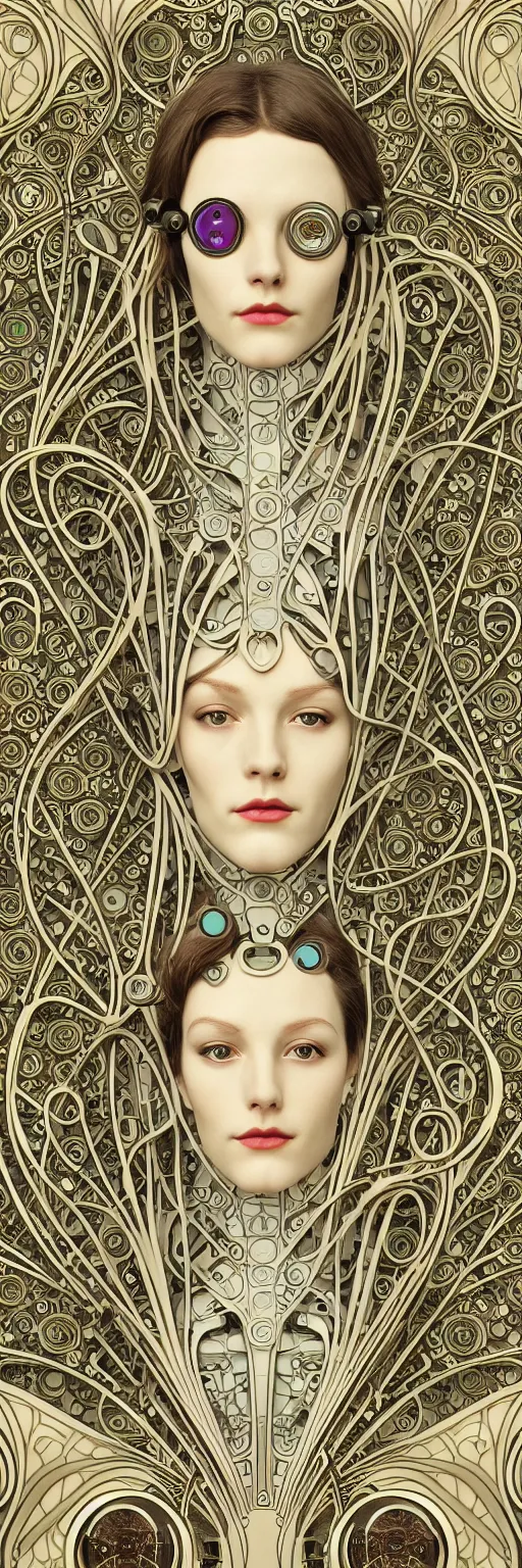 Image similar to seamless pattern of beautiful cybernetic art nouveau robot, beautiful art nouveau porcelain face + body is clear plastic, inside organic robotic tubes and parts, damask patern, front facing, wearing translucent baroque rain - jacket + symmetrical composition + intricate details, hyperrealism, wet, reflections + by alfonse mucha and moebius, no blur