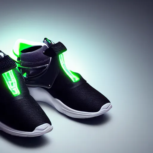 Image similar to futuristic nike shoe with neon lights on it, product photography