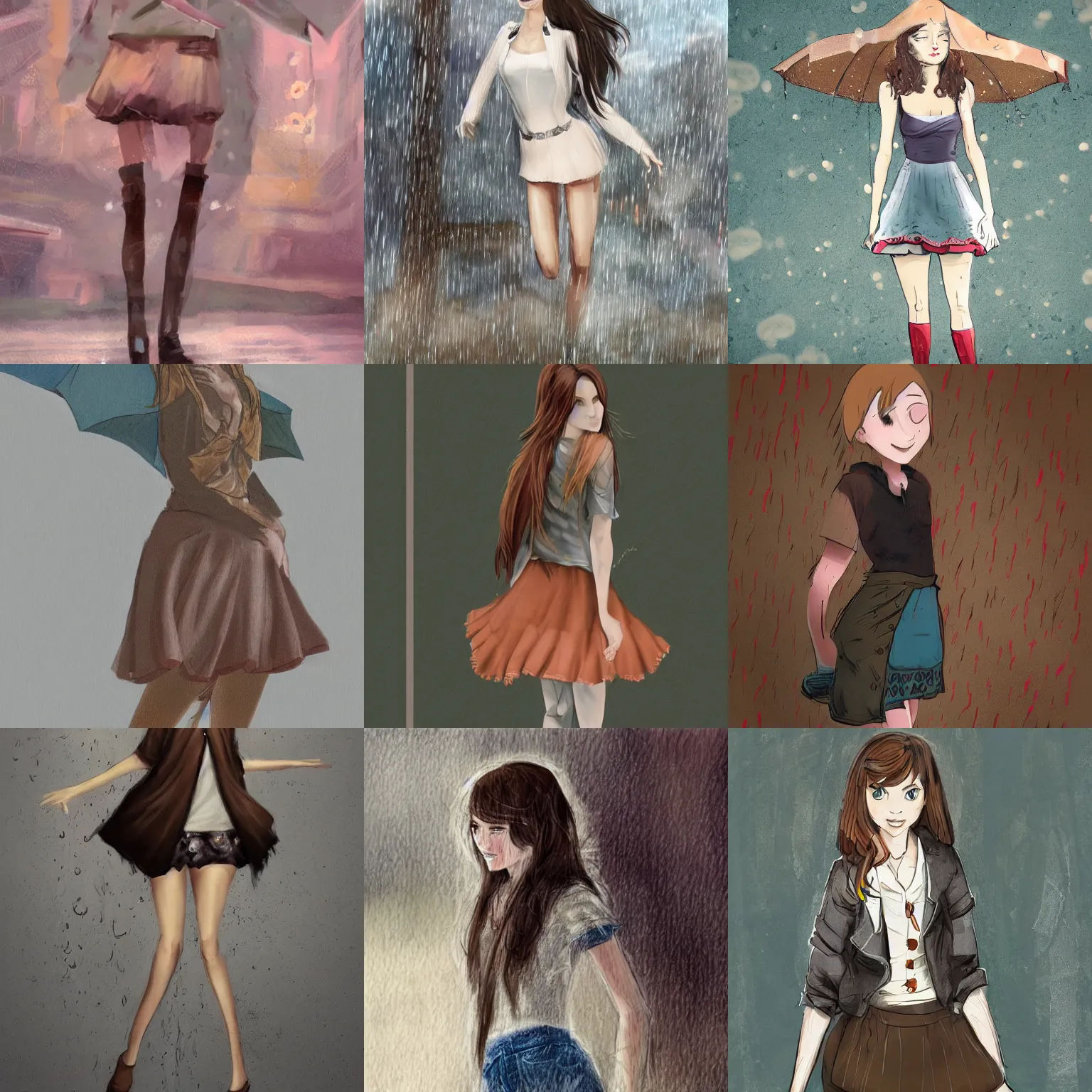 Prompt: beautiful young woman with brown hair and pale skin, standing in the rain, wearing a short skirt, concept art