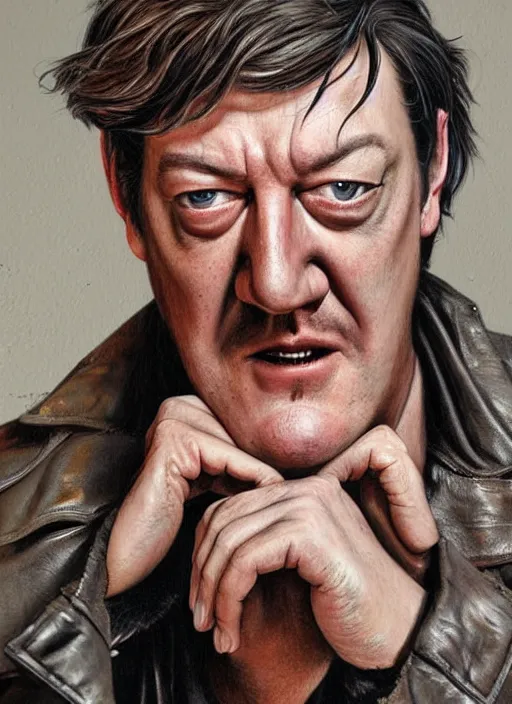 Prompt: portrait of stephen fry, gritty, dark, wearing a leather jacket, very detailed eyes, hyperrealistic, very detailed painting by Glenn Fabry, by Joao Ruas, by Artgerm