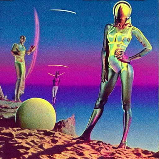 Image similar to cigarette add of beachbody on an alien planet. cosmic. synthwave. 1 9 8 0 s. retro.