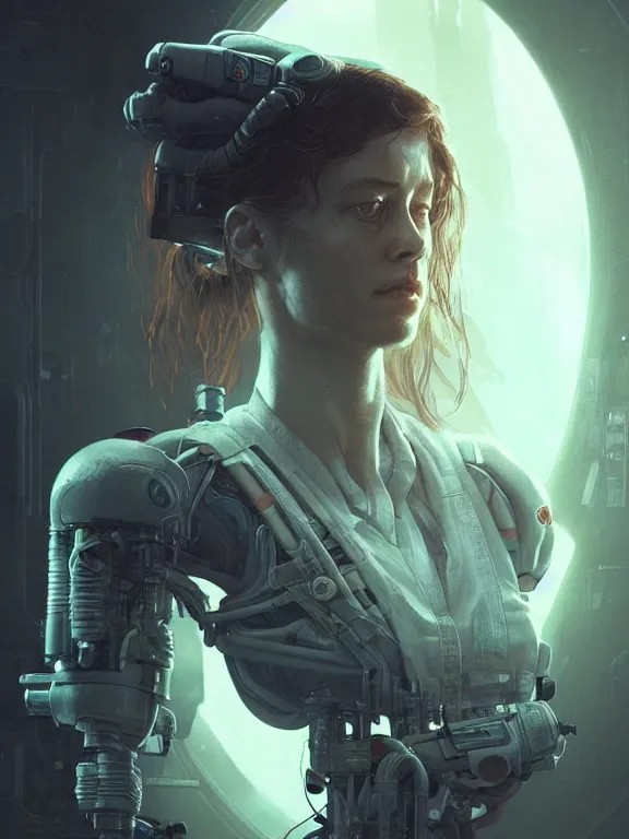 Image similar to portrait of a young female scientist from alien isolation, art by ryo shiotani and greg rutkowski, intricate, beautiful, cute, cinematic lighting, vintage art by serge ivanoff, high resolution, very detailed
