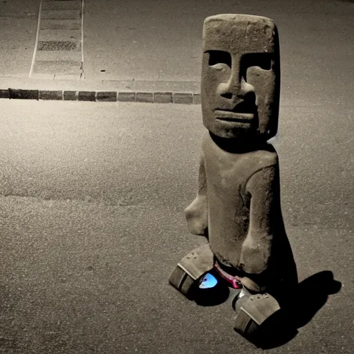 Prompt: a moai head statue roller skating on the street, set at night