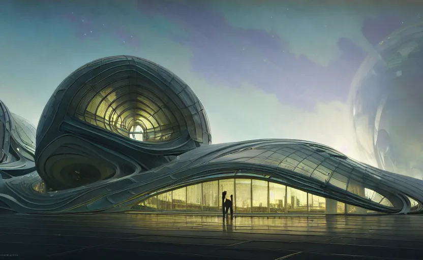 Image similar to exterior shot of utopian architecture transparent building with cinematic lighting by zaha hadid and renzo piano, darek zabrocki and greg ruthkowski, alphonse mucha, simon stalenhag, cinematic, stars, beautiful, holy place, paradise, scifi, futurism, atmospheric, concept art, artstation, trending on artstation