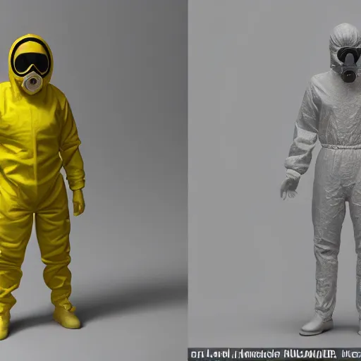 Prompt: a man wearing a hazmat suit and gasmask, realistic blender render, concept