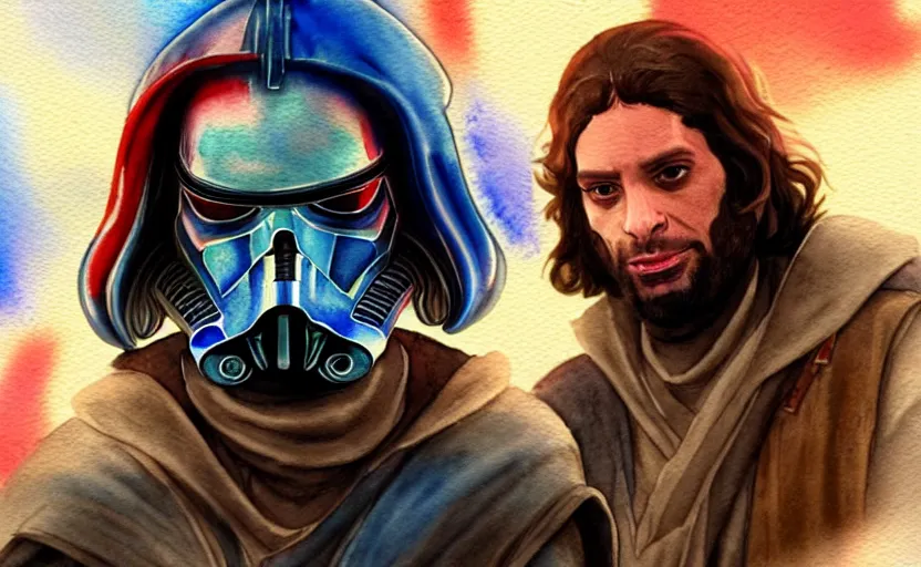 Image similar to a realistic star wars watercolor fantasy concept art of a drug dealer that looks like chris d'elia in a sleazy futuristic bar of coruscant, hq, 4 k