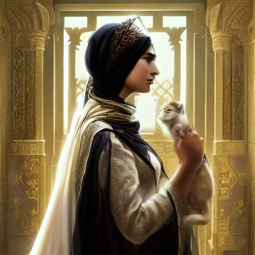 Image similar to a Photorealistic dramatic hyperrealistic render of an arab, queen Esther, ameera al taweel, green eyes, middle Eastern skin, eyes, black hair, white veil, with a pet lion by WLOP,Artgerm,Greg Rutkowski,Alphonse Mucha, Beautiful dynamic dramatic dark moody lighting,shadows,cinematic atmosphere,Artstation,concept design art,Octane render,8K