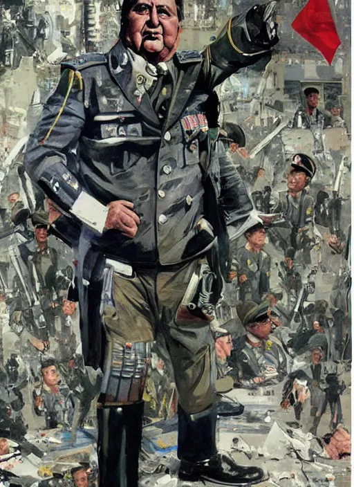 Prompt: pinochet as a cyborg as the dictator of chile illustrations by john berkey