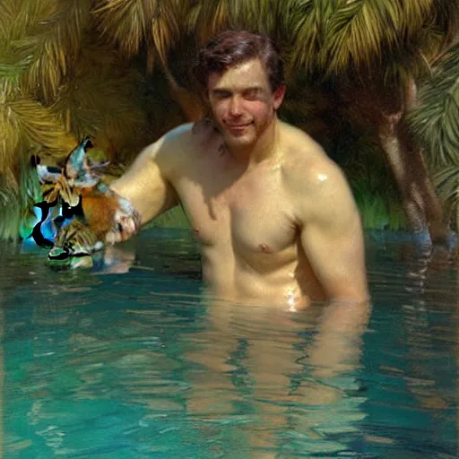 Image similar to a portrait of a furry in the pool, furry body, furry arms, furry legs, furry tail. highly detailed painting by gaston bussiere, craig mullins, j. c. leyendecker, furry