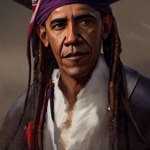 Image similar to A portrait of Obama as a pirate, art by greg rutkowski, matte painting, trending on artstation, very detailed