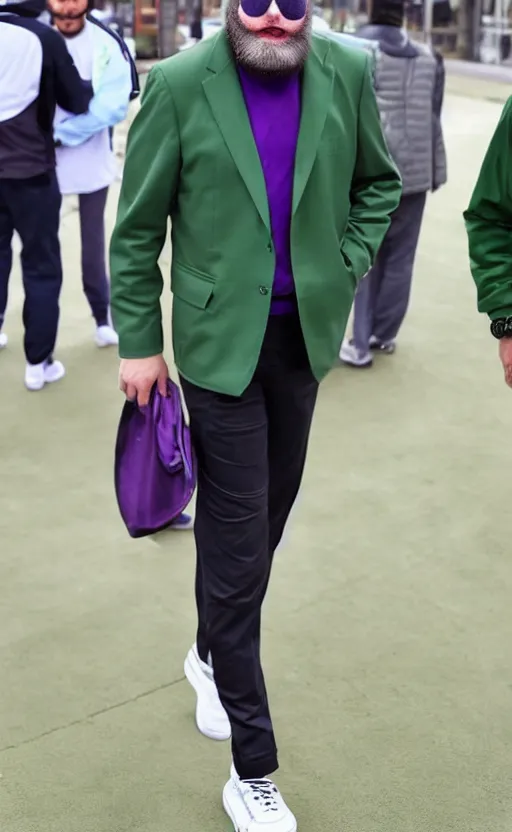 Prompt: a man of caucasian appearance with a chin curtain brown beard and without mustache in a black hat, green jacket, purple pants and white sneakers in full height, perfect face
