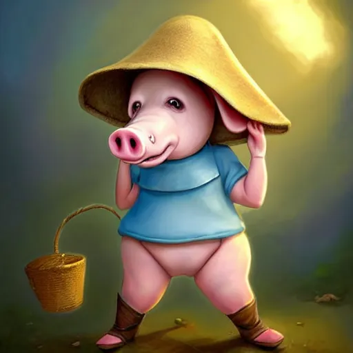 Image similar to cute little anthropomorphic funny female pig wearing shorts, a sunhat, boots and a pale blue shirt!! tiny!! fully clothed!!! small, short, cute and adorable, character art portrait, matte fantasy painting, deviantart artstation, by jason felix by steve argyle by tyler jacobson by peter mohrbacher, cinema