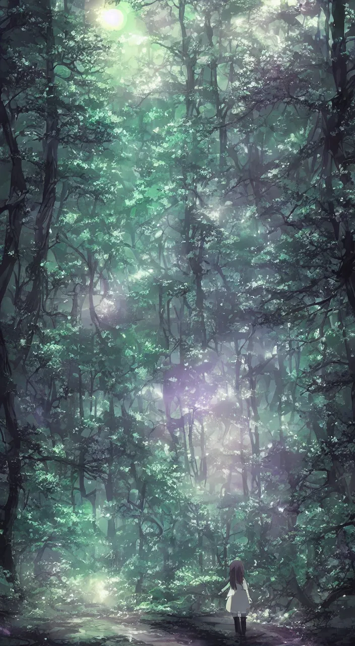 Image similar to a dreamy night in the forest in anime style