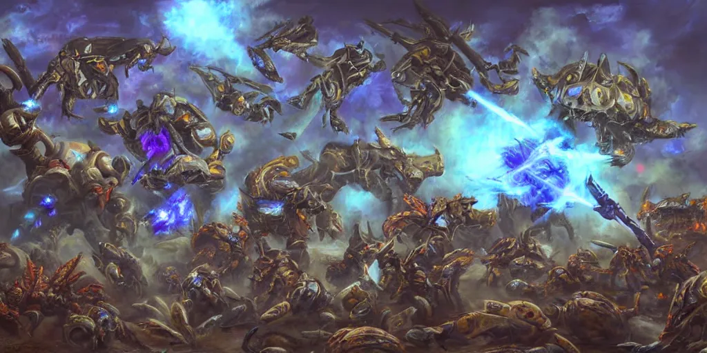 Prompt: zerglings killing the terran soldiers, set in the starcraft universe, in an epic and bloody battle, beautiful painting
