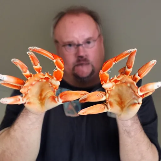 Prompt: a man with crab claws hands