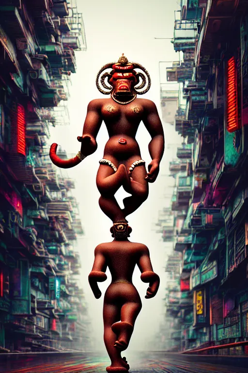 Image similar to high quality 3 d render post - rococo cyberpunk hanuman! head morning mumbai, madhubani, highly detailed, cinematic smooth unreal engine, lee madgwick & liam wong, dramatic light, long shot, low angle, uhd 8 k, sharp focus