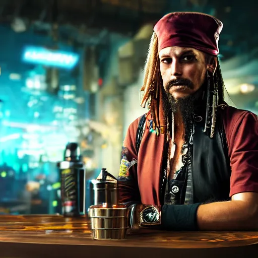 Image similar to high quality portrait of a pirate bartender in a cyberpunk cyberpunk cyberpunk cafe, realism, 8k, award winning photo