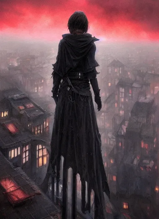 Prompt: a teenage girl with short dark hair and a tattered grey cloak. she stands on top of a building in a gothic fantasy city. the sky has a red glow and ash is falling. beautiful painting by artgerm and greg rutkowski