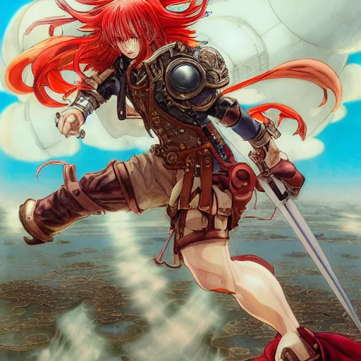 Image similar to prompt : ragnarok online portrait soft light painted by james jean and katsuhiro otomo and erik jones, inspired by akira anime, epic fantasy of a long haired, red headed male sky - pirate in front of an airship, intricate oil painting, high detail illustration, sharp high detail, manga and anime 1 9 9 9