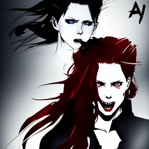 Image similar to style of yoji shinkawa : : gorgeous vampire amy adams : : sharp teeth fangs, open mouth sneer : : symmetrical face, symmetrical eyes : : gorgeous red hair : : magic lighting, low spacial lighting : :