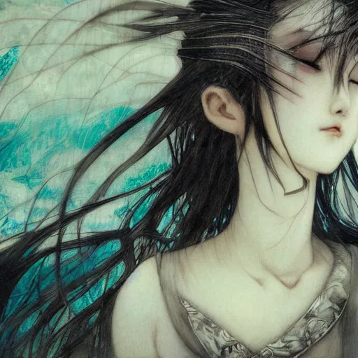 Image similar to yoshitaka amano blurred and dreamy realistic illustration of a young japanese woman with black eyes, wavy white hair fluttering in the wind wearing elden ring armor with engraving, abstract patterns in the background, satoshi kon anime, noisy film grain effect, highly detailed, renaissance oil painting, weird portrait angle, blurred lost edges, three quarter view