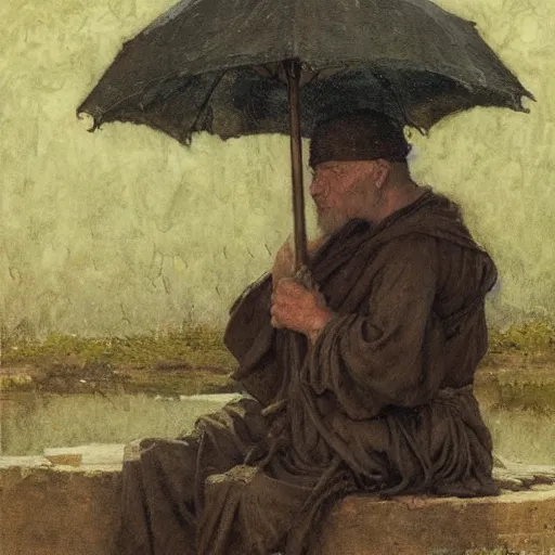 Prompt: medieval, old blind monk, contemplating a pond, character design, painting by gaston bussiere, craig mullins, j. c. leyendecker, tom of finland