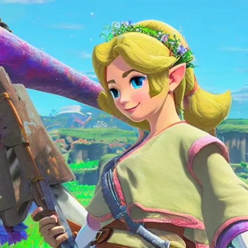 Prompt: princess peach admiring a flower in breath of the wild, in - game render, cell - shading, wide angle shot