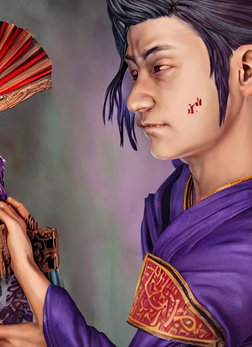 Prompt: An epic fantasy comic book style portrait painting of a young boy with straight indigo hair, purple eyes with red eye markers, slim body, wearing a detailed Japanese kimono with traits of the god Fuujin, holding a pair of fans. Unreal 5, DAZ, hyperrealistic, octane render, cosplay, RPG portrait, dynamic lighting