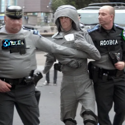 Image similar to extraterrestrial zeta reticulan grey alien, being arrested by spetsnaz